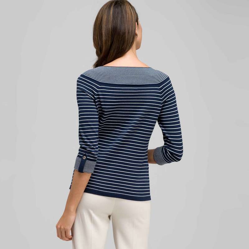 3/4 Sleeve Boat Neck Striped Knit, Navy Multi, large image number 1